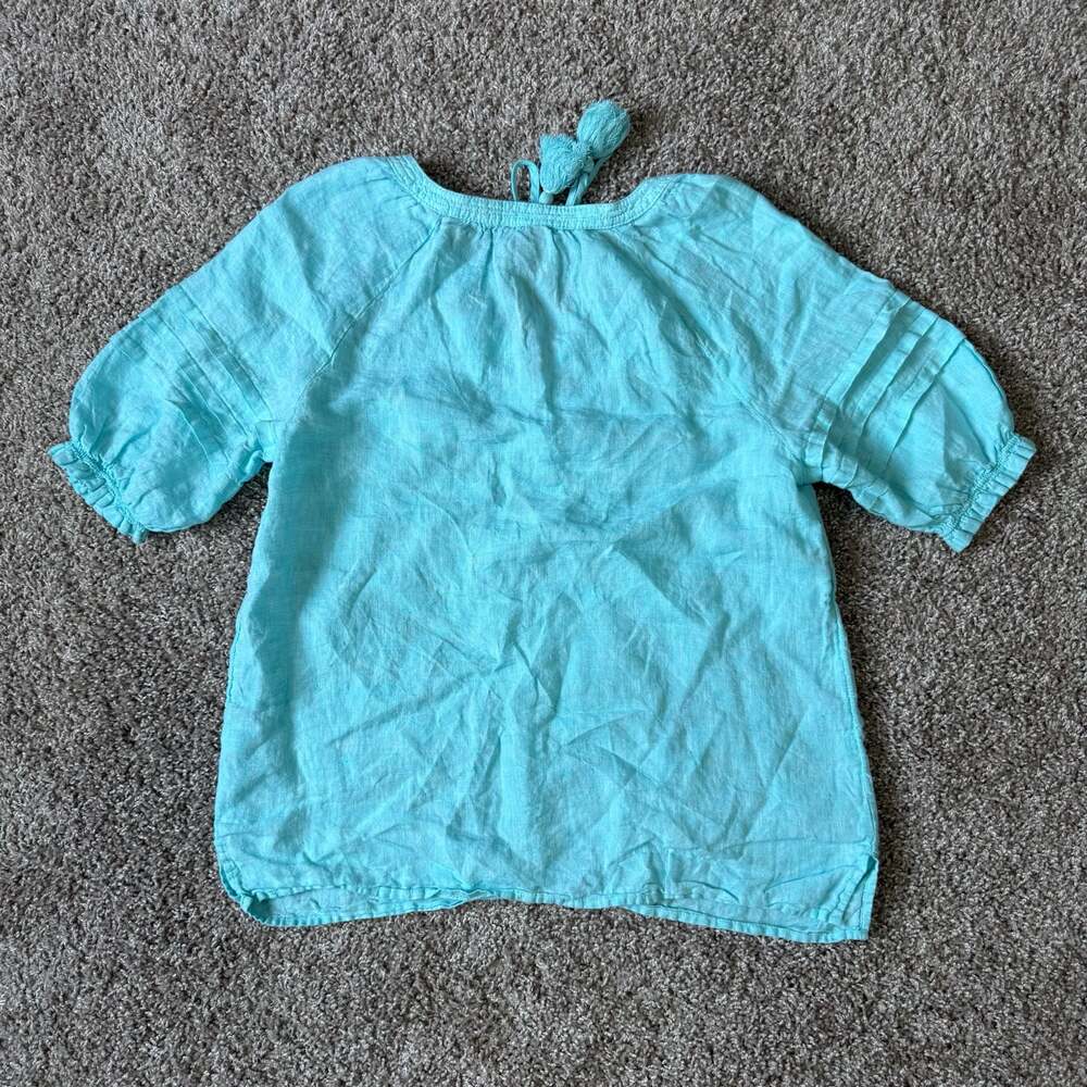 Talbots 100% Linen Tassel Top Aqua Blue Boho Coastal Cottagecore Chic Sumner - Picture 2 of 6